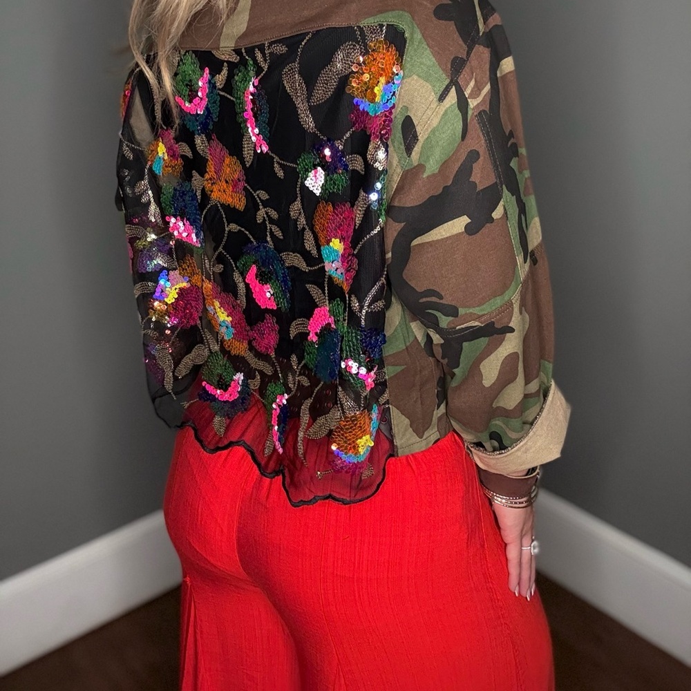 Camouflage and Sequin Embroidered Jacket